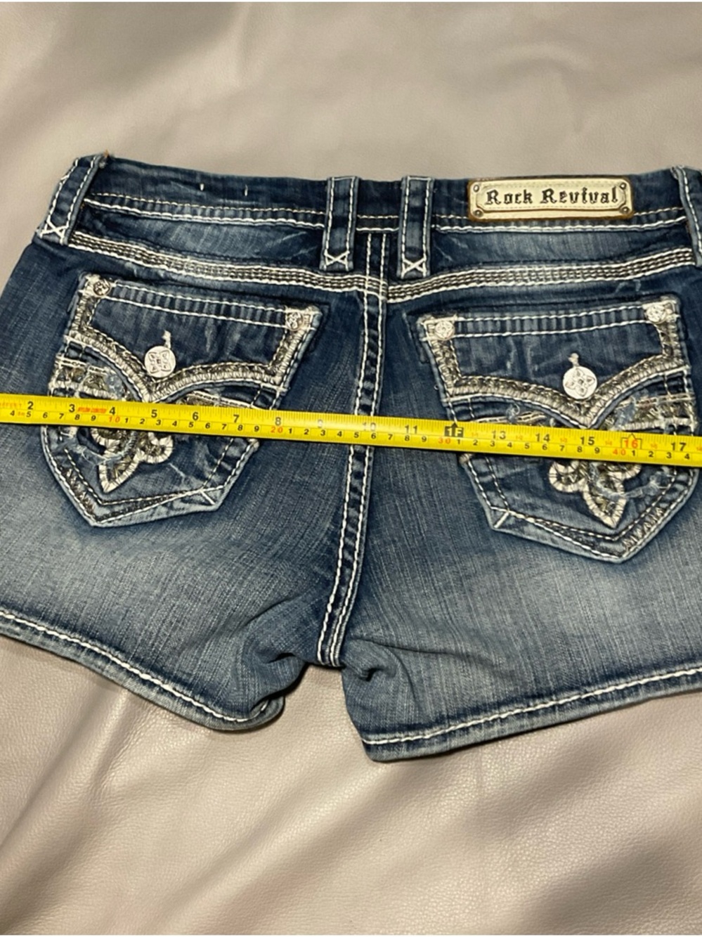 Rock Revival Women's Distressed Blue Jean Shorts with Embroidered Pockets - Picture 10 of 10